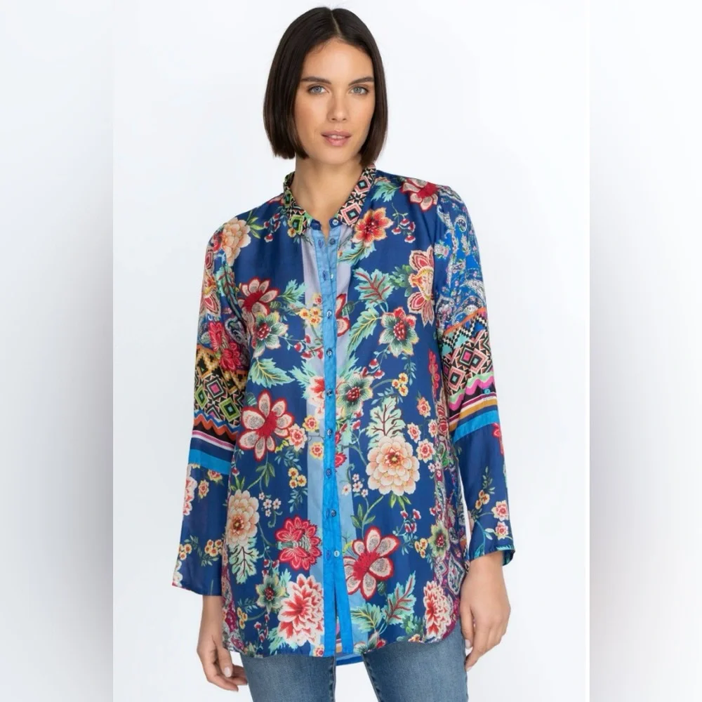 Johnny Was Hebea Della Silk Floral Button Up Tunic Blouse - Picture 5 of 5